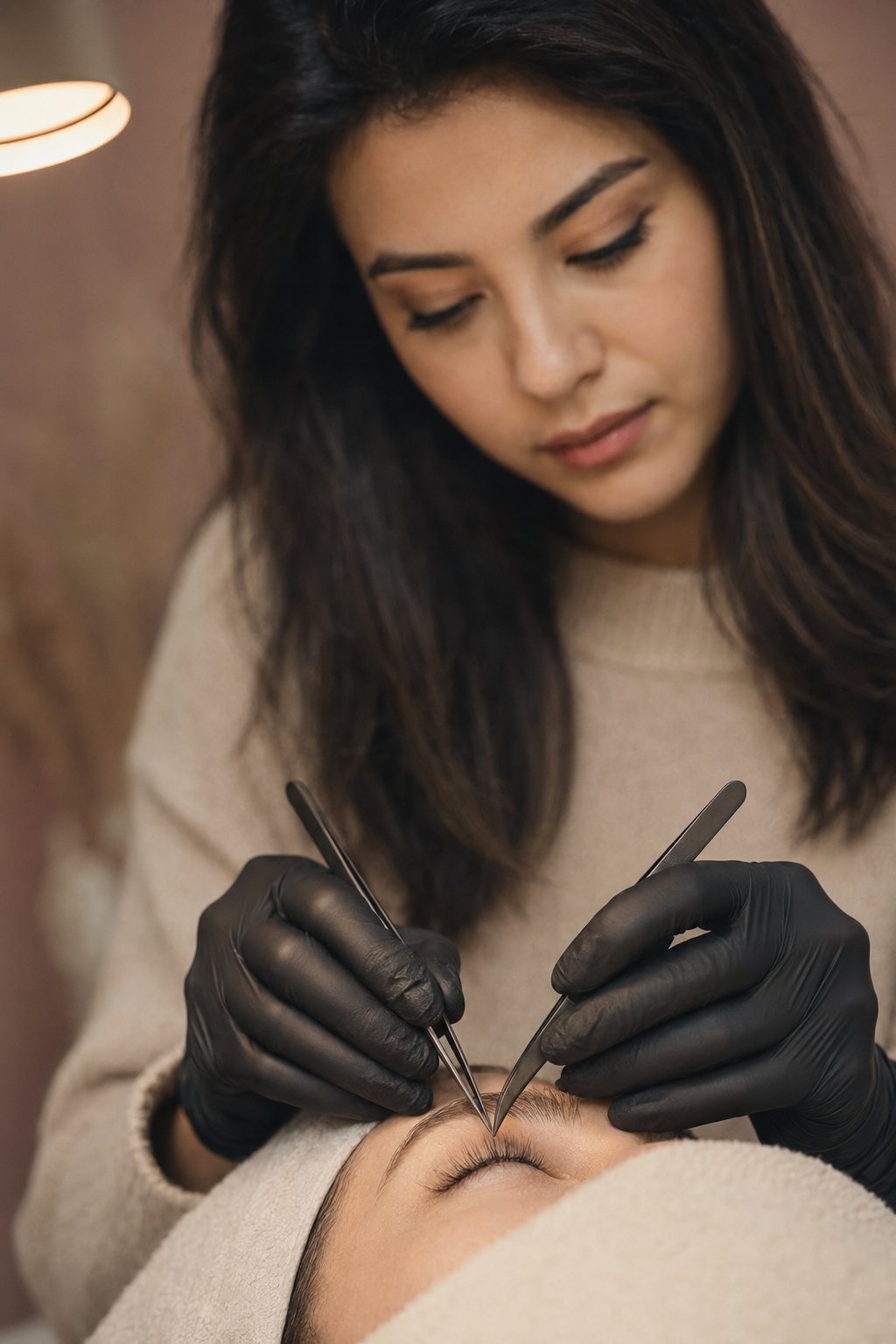 Olga at work, isolating lashes with tweezers